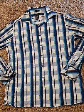 $3/Bundled- Men's Blue & White Striped Casual Button-Down Shirt